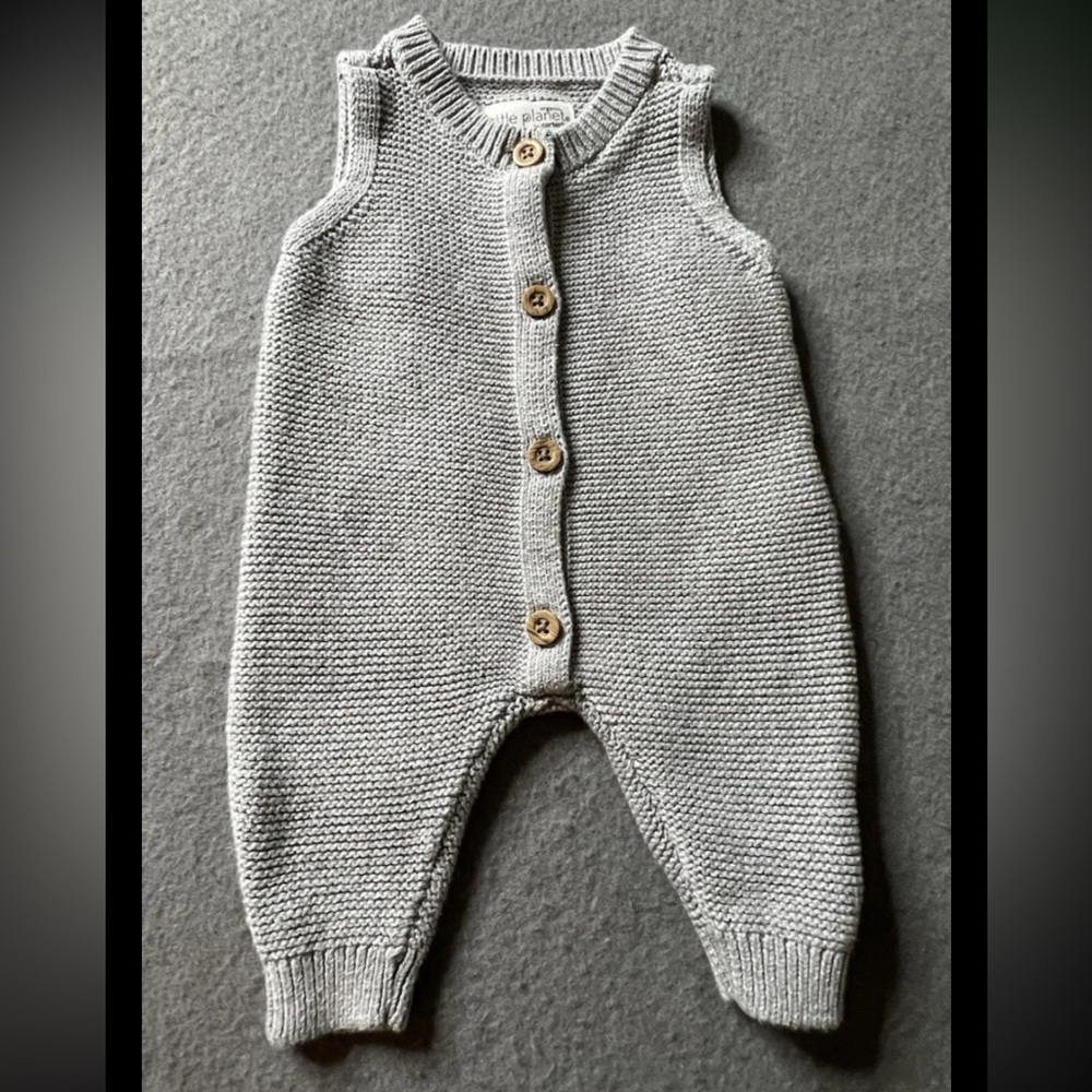 Little Planet Knit Fabric Overalls Boy Newborn Gray Button-up Minimalist Neutral